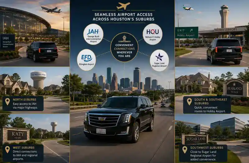 Luxury black Cadillac Escalade with Lavish Ride logo plate traveling between Houston suburban communities and major airports including IAH and Hobby Airport, representing convenient airport access and regional transportation throughout Greater Houston suburbs.